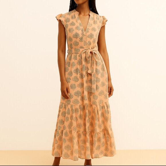 Victoria Dunn Women's Flutter Sleeve Romantic Cotton Maxi Dress in Monstera XS - Picture 1 of 7